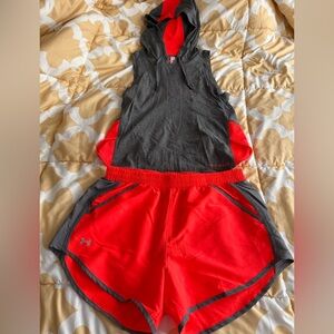 Under Armour Charcoal Gray & Orange Sleeveless Hoodie and Shorts Set Small 🥰